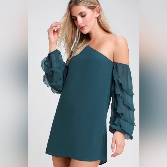 HP Ali & Jay Teal Blue Ruffled One Shoulder Mini Dress - Picture 1 of 9